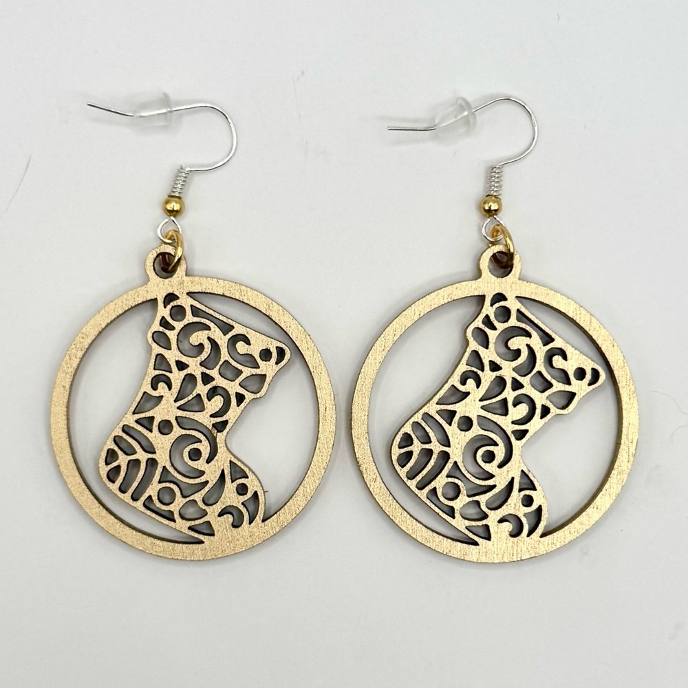 Handcrafted Gold Colored Wood Round Lightweight Stocking Dangle Earrings